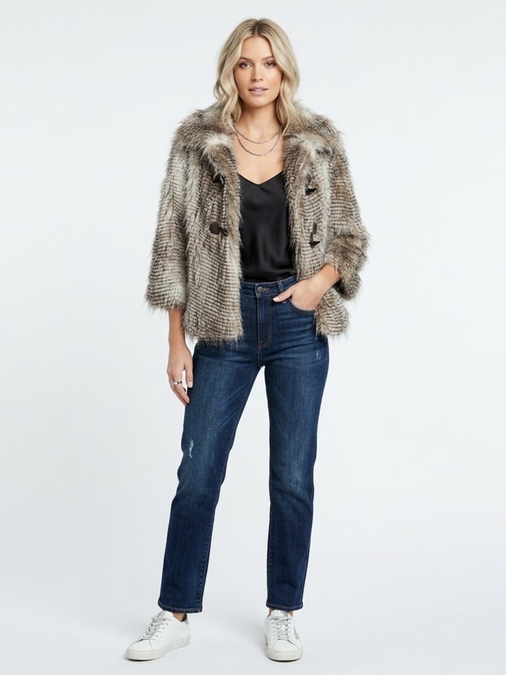 Guess Ladies Faux Fur 3/4 Sleeve Jacket Grey Black Brown Fur Size Medium